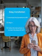Govee smart plug 3-step setup diagram: download GoveeHome app, plug in, connect to WiFi, shown alongside woman setting up on smartphone