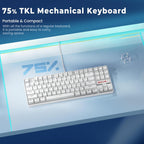 Redragon K552P white TKL mechanical keyboard top-down view on a blue reflective surface with teal edge lighting, no RGB active showing clean white keycaps, with large 75% watermark beneath and text reading 75% TKL Mechanical Keyboard, Portable and Compact