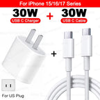 White 30W USB-C wall charger with US two-flat-pin plug on left and white USB-C to USB-C cable on right on white background, with red banner at top reading For iPhone 15 slash 16 slash 17 Series, bold black text reading 30W USB C Charger plus 30W USB C Cable, red pill labels reading USB C Charger and USB C Cable, and US outlet diagram badge in lower left reading For US Plug