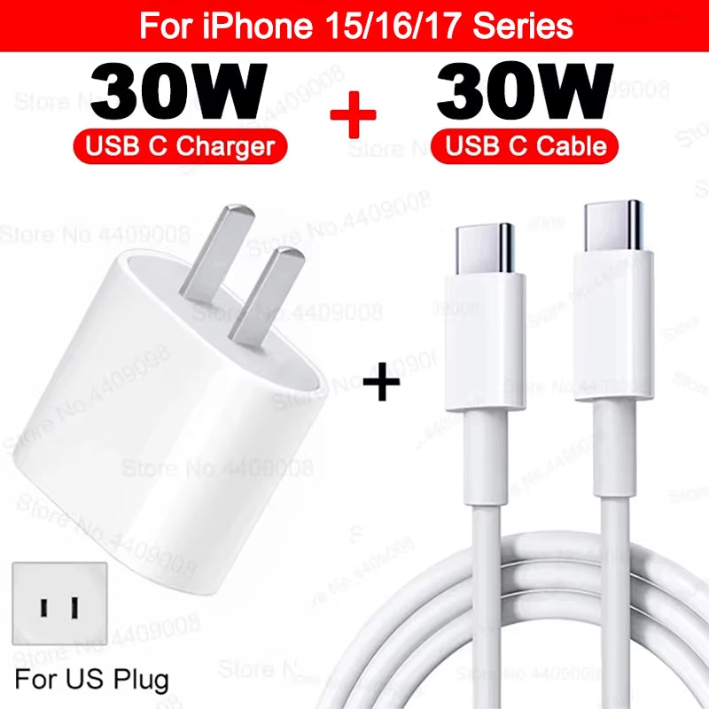For Apple 30W Charger USB Type C Fast Charger for Iphone 13 15 17 14 12 11 16 Pro Max plus PD Charger Charging Cable Accessories