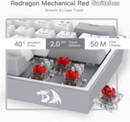 Redragon K617 Fizz 60% Grey and White Mechanical Gaming Keyboard with keycaps pulled off revealing red linear switches on white background
