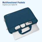Teal MOSISO laptop bag on a light blue background with the main compartment open showing a laptop, Magic Mouse, and iPhone stored inside, with bold blue text reading "Multifunctional Pockets — Organize your digital life"