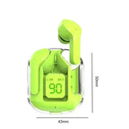 Neon green wireless Bluetooth 5.3 earbud in transparent charging case front-facing view on white background with dimension callouts: 43mm wide and 50mm tall, one neon green earbud ejected upright, LED digital battery display reading 90 with L and R earbud battery bar indicators in matching green