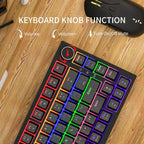 GM326 keyboard knob function diagram showing volume down, volume up, and mute controls with RGB backlight