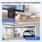Two-panel image on a light blue background with bold black text reading "Easy Indoor & Outdoor Camera Installation" — top panel shows a white flat Micro USB cable powering a Blink Mini camera on a living room floor next to a TV and subwoofer, plugged into a wall outlet with a blue callout bubble showing the included cable ties and a blue badge reading "10FT/20FT (3M/6M) Ideal for indoor setups" — bottom panel shows a white flat cable routed along a garage ceiling to power a security camera, with a blue call