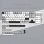 Full 134-key Cherry profile PBT keycap set laid out showing wide compatibility with 60%, 65%, 75%, TKL, 96%, and 100% keyboard layouts