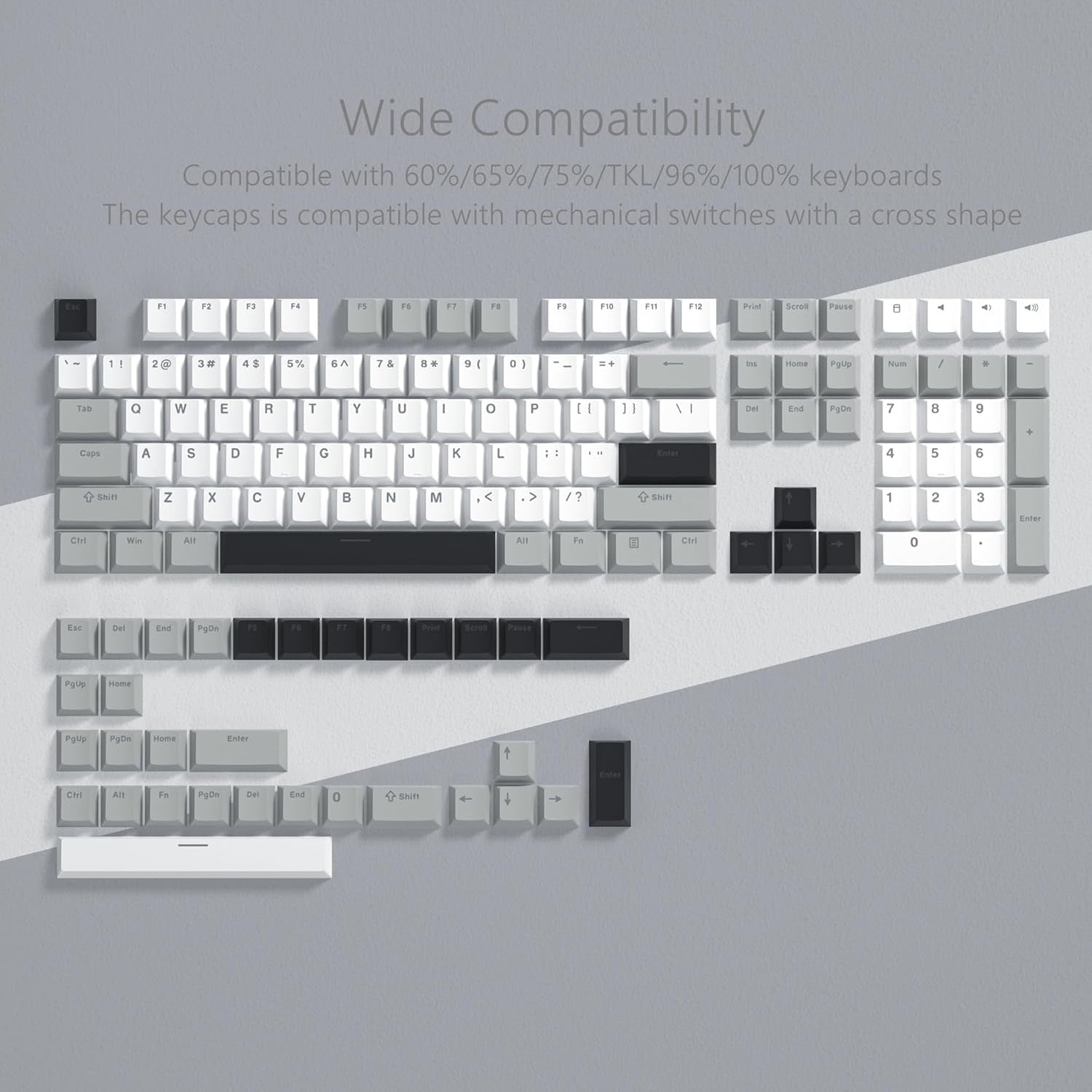 Full 134-key Cherry profile PBT keycap set laid out showing wide compatibility with 60%, 65%, 75%, TKL, 96%, and 100% keyboard layouts