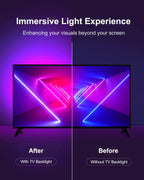 Comparison of TV screen with and without TV LED backlight strips on a dark background