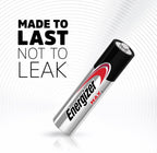 Single Energizer MAX AAA alkaline battery standing at an angle showing silver body, black negative cap, positive terminal, and red Energizer MAX logo, with bold black text reading Made To Last Not To Leak on white radial background