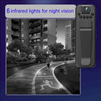 Black mini body camera on a dark blue background next to a black-and-white night vision footage sample of a person jogging in an urban park, with a grey rounded badge at the top reading "6 infrared lights for night vision"