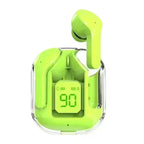 Neon green wireless Bluetooth 5.3 earbud in neon green transparent charging case front-facing view on white background, one neon green earbud ejected upright from case, LED digital battery display reading 90 with L and R earbud battery bar indicators in matching green, chrome accent trim around case edges
