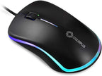 Black wired computer mouse angled top-side view on white background