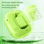 Neon green wireless Bluetooth 5.3 earbud transparent charging case floating at an angle above a glass surface on a green ribbed background, with enlarged holographic LED digital battery display reading 95 projected behind the case, and bold green text reading LED power digital display, Accurately grasp the remaining power