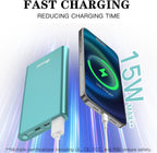 BONAI 12,000 mAh portable power bank in mint charging a smartphone at 15W max fast charging speed via USB-C cable