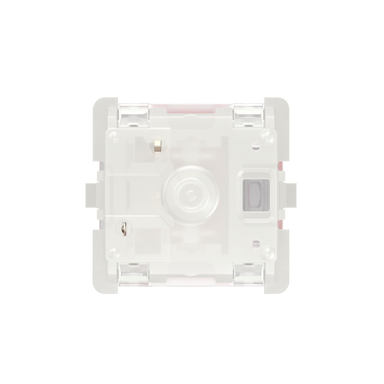 Keyboard switch with red actuator on white background bottom view