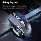 Black and silver gaming mouse with blue RGB lighting resting against a laptop keyboard on a dark background, with white text reading "6-key layout" at the top and six cyan labeled callouts pointing to each button: Left button, Right button, Scroll wheel, DPI button, Forward, and Back