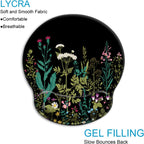 iDonzon garden flowers mouse pad with gel wrist rest on white background with two material callouts: upper left reads LYCRA Soft and Smooth Fabric, Comfortable, Breathable in teal text; lower right reads GEL FILLING Slow Bounces Back in teal text