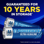 Two POWERMAX AA Ultra Alkaline batteries lying at an angle showing blue label with AA 1.5V LR6 Battery text and POWERMAX logo, with text reading Guaranteed For 10 Years In Storage asterisk when stored in a cool dry place, on dark blue gradient background