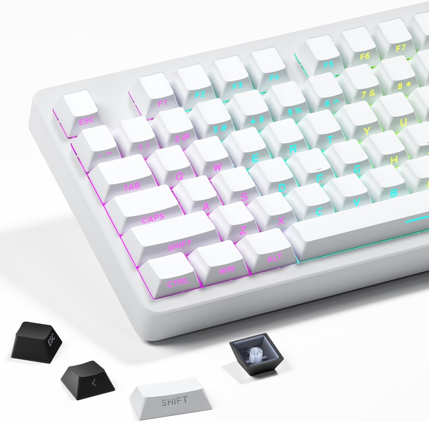 White side-print PBT keycaps installed on a full-size mechanical keyboard with RGB backlighting, black loose keycaps in foreground