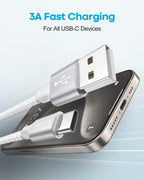 Huukein USB-A to USB-C cable plugged into iPhone USB-C port with text reading 3A Fast Charging For All USB-C Devices on light blue background