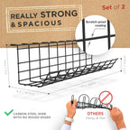 Black under-desk cable tray with carbon steel wire and no rough edges - measurements on all sides