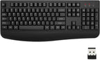 EDJO full-size black wireless ergonomic keyboard shown from above on a white background with integrated curved palm rest along the bottom edge and a small black 2.4GHz USB nano receiver placed in the bottom right corner