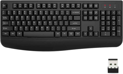 EDJO full-size black wireless ergonomic keyboard shown from above on a white background with integrated curved palm rest along the bottom edge and a small black 2.4GHz USB nano receiver placed in the bottom right corner