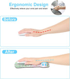 Ergonomic Design before and after comparison infographic: Before panel shows hand on white Apple Magic Mouse with red dashed line indicating downward wrist angle and strain; After panel shows hand on iDonzon garden flowers gel wrist rest mouse pad with blue dashed line indicating neutral flat wrist alignment and two blue upward arrows at the gel cushion, with text reading Ergonomic Design, Effectively relieve your wrist pain and strain, and circular inset photo of person massaging wrist at keyboard