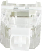 Close-up interior view of a clear mechanical keyboard switch showing white stem and transparent housing components
