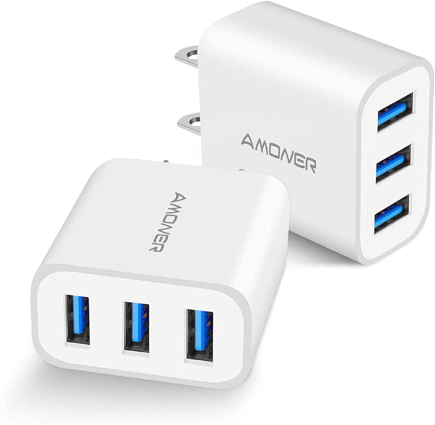 USB Wall Charger,  2Pack 15W 3-Port USB Charger Block on white background
