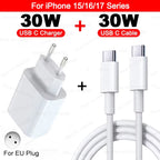 White 30W USB-C wall charger with EU two-round-pin plug on left and white USB-C to USB-C cable on right on white background, with red banner at top reading For iPhone 15 slash 16 slash 17 Series, bold black text reading 30W USB C Charger plus 30W USB C Cable, red pill labels reading USB C Charger and USB C Cable, and EU outlet diagram badge in lower left reading For EU Plug