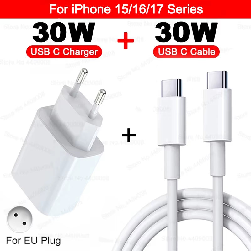 For Apple 30W Charger USB Type C Fast Charger for Iphone 13 15 17 14 12 11 16 Pro Max plus PD Charger Charging Cable Accessories