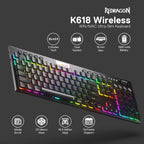 Redragon K618 PRO wireless keyboard angled on dark background with rainbow RGB underglow and eight spec icons: 3 Modes Tech (2.4GHz, BT, wired), Dual System (Windows and Mac), 18mm Slim, 1900mAh Battery, Media Scroll, 20 Macro Keys, 16.8 Million RGB, Software Support