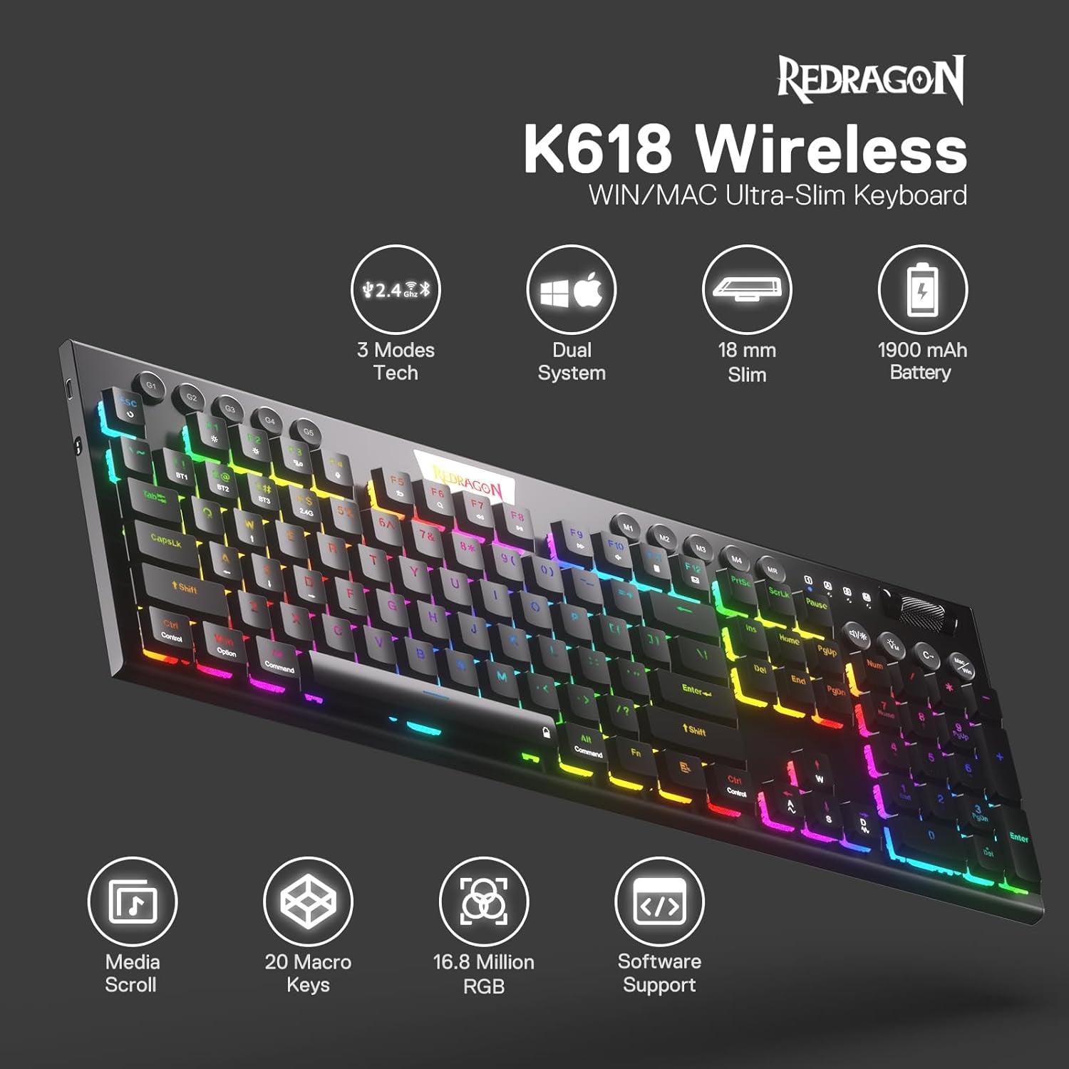 K618 PRO 3-Mode Wireless RGB Mechanical Keyboard, Bt/2.4Ghz/Wired Low Profile Win/Mac Gaming Keyboard W/Ultra-Thin Design, Dedicated Media Control & Linear Red Switch