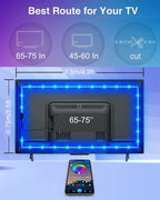 TV with LED lights and smartphone displaying color options and LED strip measurements on a blue gradient background