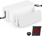 Cable box to hide power strip: white cable management box with concealed wires and cord ties, white background