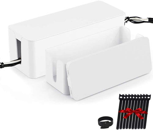 Cable box to hide power strip: white cable management box with concealed wires and cord ties, white background
