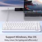 TMKB T68SE white 65% mechanical keyboard on a desk next to a MacBook Pro, with text noting Windows, Mac OS, Vista, and Linux compatibility