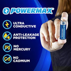 Hand holding a single POWERMAX AA Ultra Alkaline battery against dark blue background with POWERMAX logo above and four teal feature icons: Ultra Conductive with lightning bolt, Anti-Leakage Protection with water drop crossed out, No Mercury with Hg crossed out, No Cadmium with Cd crossed out