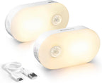 USB rechargeable motion sensor light 2-pack with USB-C charging cable on a white background