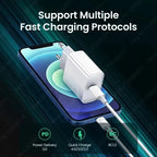 White 30W USB-C wall charger with EU two-round-pin plug connected via white USB-C cable to a blue iPhone 12 lying flat on dark teal motion-blur background, with bold white text reading Support Multiple Fast Charging Protocols and three green circular protocol badges below reading PD Power Delivery 3.0, Quick Charge 4.0 slash 3.0 slash 2.0, and BC BC1.2
