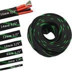 Black and green cable sleeve with size measurements on the side on a white background