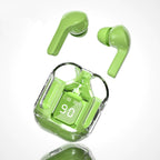 Two neon green T6 TWS wireless Bluetooth earbuds floating above green transparent charging case showing LED digital battery display reading 90 with L and R earbud battery bar indicators, with soft reflection on white gradient surface