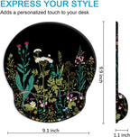 iDonzon garden flowers gel wrist rest mouse pad top-down view and side profile with dimension callouts: 9.1 inches wide, 9.9 inches tall, and 1.1 inches thick at the gel wrist rest, on white background with text reading EXPRESS YOUR STYLE, Adds a personalized touch to your desk