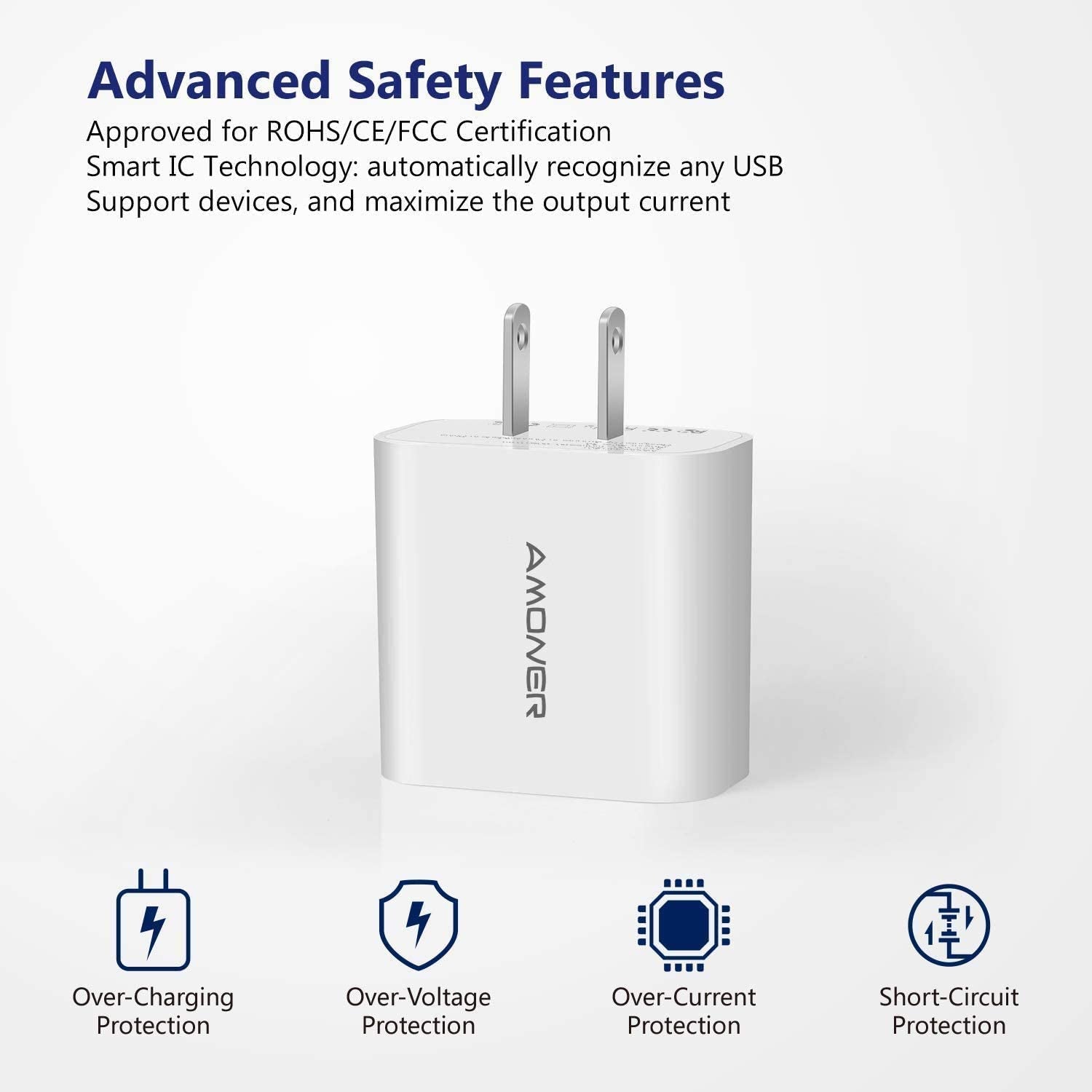 USB Wall Charger,  2Pack 15W 3-Port USB Charger Block with advanced safety features - approved for rOHS/CE/FCC Certification