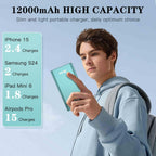 Person holding BONAI 12000mAh slim portable charger outdoors, showing compact form factor