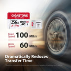 Gigastone 256GB Camera Plus microSD card and SD adapter showing 100 MB/s read and 60 MB/s write speeds with spinning wheel backdrop