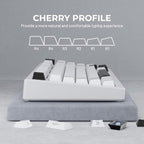 Cherry profile keycap row diagram showing R1 through R4 sculpted rows, with white and black keycaps displayed from the side