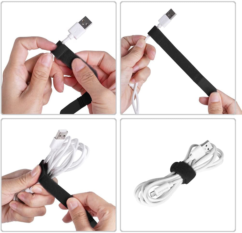 Step-by-step instructions showing how to fasten a reusable cable tie