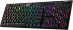 Redragon K618 PRO full-size wireless mechanical keyboard angled view showing rainbow RGB backlighting, dedicated macro keys G1-G5 on left side, media control knob and buttons on top right, and numpad on right, on white background